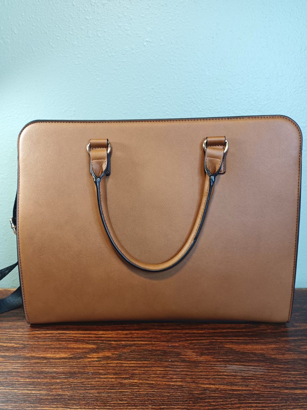 Nicole Miller Satchel with Laptop Sleeve Brown Cream Black Faux Leather - Picture 3 of 16